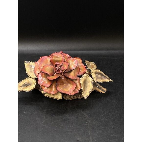 Mid Century Modern Art Metal Floral Rose Leaf Wood Base 7.5” x 4” Brutalist - Picture 1 of 9